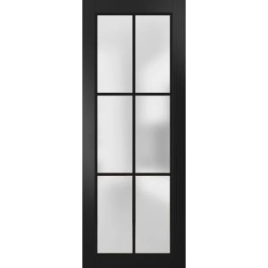 Slab Barn Door Panel Lite | Planum 2122 Matte Black with Frosted Glass and Aluminum Strips | Sturdy Finished Modern Doors | Pocket Closet Sliding