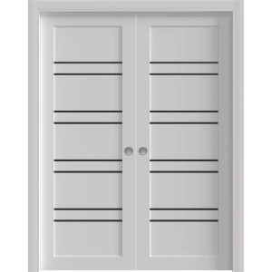 Sliding Double Pocket Doors 36 x 80 inches | BASIC 4901 White with Black Glass | Kit Rail Hardware | Solid Wood Interior Bedroom Doors