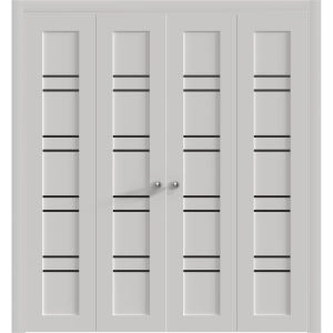 Sliding Closet Double Bi-fold Doors 72 x 80 inches | BASIC 4901 White with Black Glass | Tracks Trims Hardware Set | Wood Solid Bedroom Wardrobe Doors
