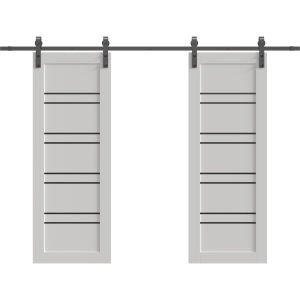 Double Barn Door 84 x 80 inches | BASIC 4901 White with Black Glass | 14FT Rail Track Set | Solid Panel Interior Doors