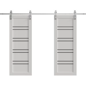 Double Barn Door 36 x 80 inches | BASIC 4901 White with Black Glass | 13FT Silver Rail Track Set | Solid Panel Interior Doors