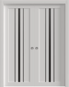 Sliding Double Pocket Doors 36 x 80 inches | BASIC 4903 White with Black Glass | Kit Rail Hardware | Solid Wood Interior Bedroom Doors