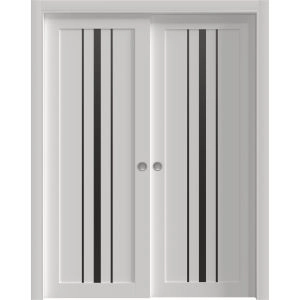 Sliding Closet Bypass Doors 36 x 80 inches | BASIC 4903 White with Black Glass | Rails Hardware Set | Wood Solid Bedroom Wardrobe Doors