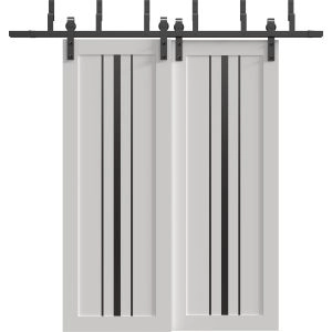 Sliding Closet Barn Bypass Doors 36 x 80 inches | BASIC 4903 White with Black Glass | 6.6ft Rails Hardware Set | Wood Solid Bedroom Wardrobe Doors