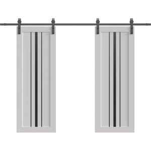 Double Barn Door 36 x 80 inches | BASIC 4903 White with Black Glass | 13FT Rail Track Set | Solid Panel Interior Doors
