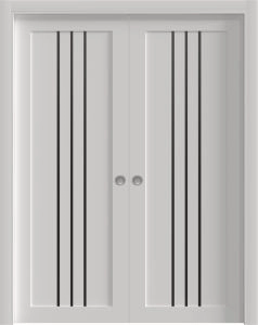 Sliding Double Pocket Doors 36 x 80 inches | BASIC 4906 White with Black Glass | Kit Rail Hardware | Solid Wood Interior Bedroom Doors
