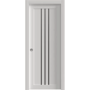 Sliding Pocket Door 18 x 84 inches | BASIC 4906 White with Black Glass | Kit Rail Hardware | Solid Wood Interior Bedroom Doors