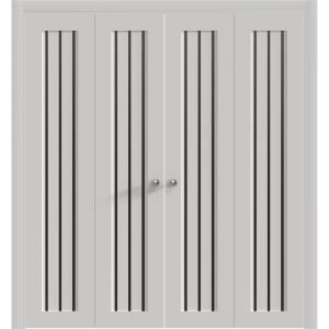 Sliding Closet Double Bi-fold Doors 72 x 80 inches | BASIC 4906 White with Black Glass | Tracks Trims Hardware Set | Wood Solid Bedroom Wardrobe Doors