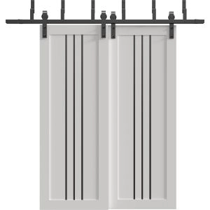 Sliding Closet Barn Bypass Doors 36 x 80 inches | BASIC 4906 White with Black Glass | 6.6ft Rails Hardware Set | Wood Solid Bedroom Wardrobe Doors