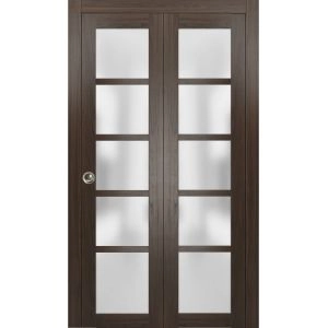 Sliding Closet Bi-fold Doors | Quadro 4002 Chocolate Ash with Frosted Glass | Sturdy Tracks Moldings Trims Hardware Set | Wood Solid Bedroom Wardrobe Doors 