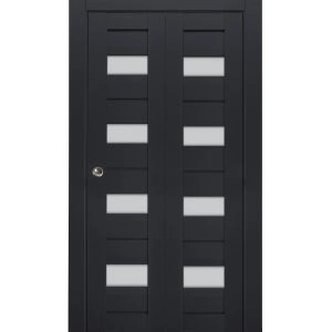 Sliding Closet Bi-fold Doors | Veregio 7455 Antracite with Frosted Glass | Sturdy Tracks Moldings Trims Hardware Set | Wood Solid Bedroom Wardrobe Doors 