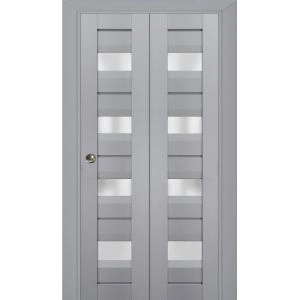 Sliding Closet Bi-fold Doors | Veregio 7455 Matte Grey with Frosted Glass | Sturdy Tracks Moldings Trims Hardware Set | Wood Solid Bedroom Wardrobe Doors 