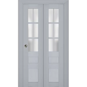 Sliding Closet Bi-fold Doors | Veregio 7339 Matte Grey with Frosted Glass | Sturdy Tracks Moldings Trims Hardware Set | Wood Solid Bedroom Wardrobe Doors 