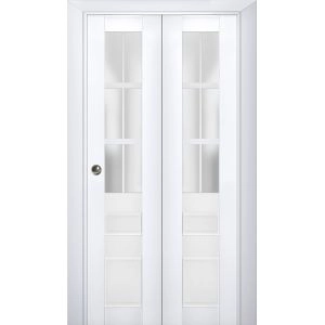 Sliding Closet Bi-fold Doors | Veregio 7339 White Silk with Frosted Glass | Sturdy Tracks Moldings Trims Hardware Set | Wood Solid Bedroom Wardrobe Doors 