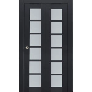 Sliding Closet Bi-fold Doors | Veregio 7602 Antracite with Frosted Glass | Sturdy Tracks Moldings Trims Hardware Set | Wood Solid Bedroom Wardrobe Doors 