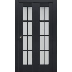 Sliding Closet Bi-fold Doors | Veregio 7412 Antracite with Frosted Glass | Sturdy Tracks Moldings Trims Hardware Set | Wood Solid Bedroom Wardrobe Doors 