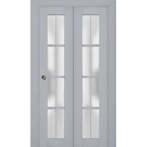 Sliding Closet Bi-fold Doors | Veregio 7412 Matte Grey with Frosted Glass | Sturdy Tracks Moldings Trims Hardware Set | Wood Solid Bedroom Wardrobe Doors 