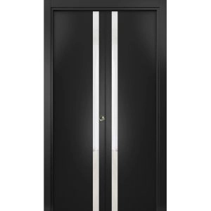 Sliding Closet Bi-fold Doors | Planum 0040 Matte Black with White Glass | Sturdy Tracks Moldings Trims Hardware Set | Wood Solid Bedroom Wardrobe Doors 
