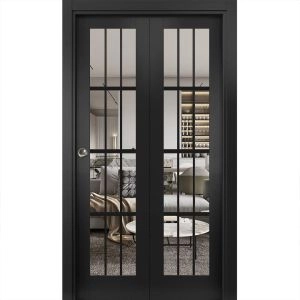 Sliding Closet Bi-fold Doors | Felicia 3355 Matte Black with Clear Glass | Sturdy Tracks Moldings Trims Hardware Set | Wood Solid Bedroom Wardrobe Doors 