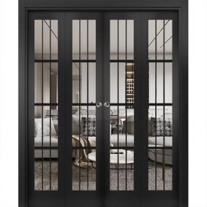 Sliding Closet Double Bi-fold Doors | Felicia 3355 Matte Black with Clear Glass | Sturdy Tracks Moldings Trims Hardware Set | Wood Solid Bedroom Wardrobe Doors 