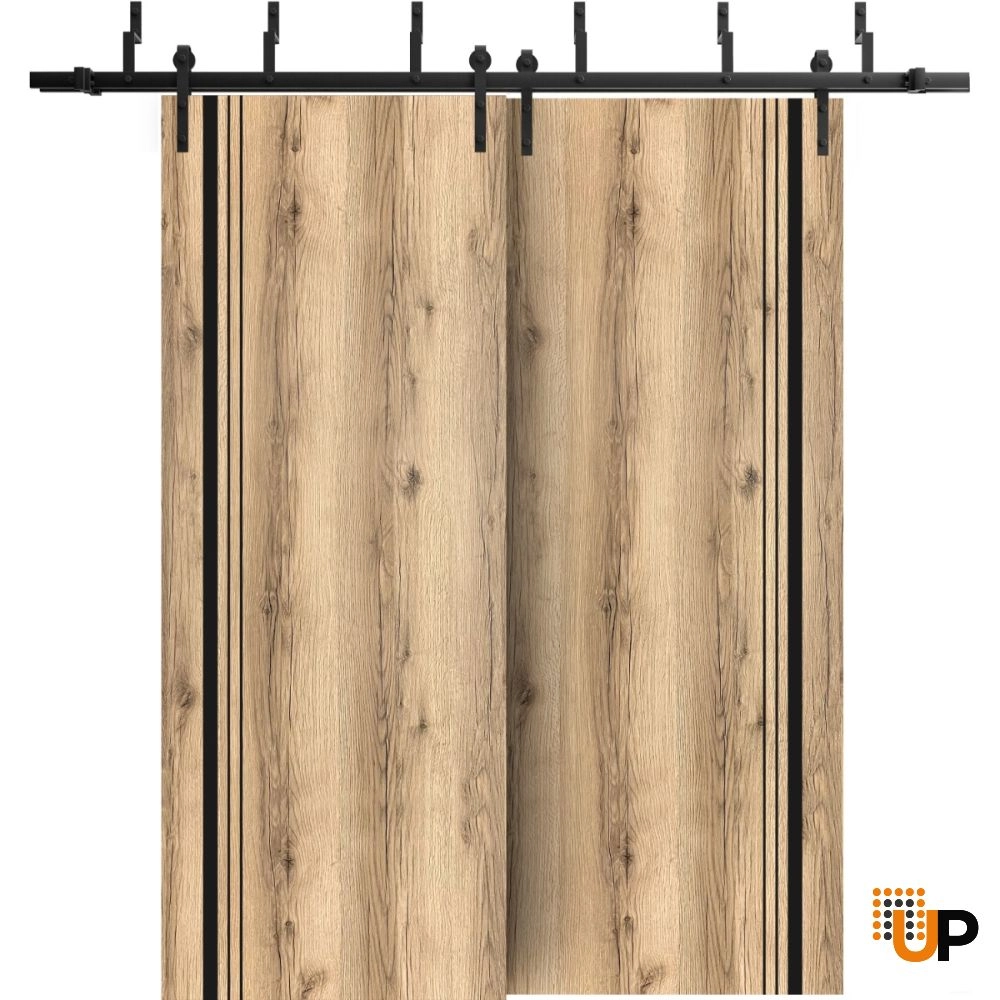 Double solid wood with honeycomb sliding modern interior barn bypass door | Planum 0011 Oak | 36 x 80 (2* 18x80) photo#1