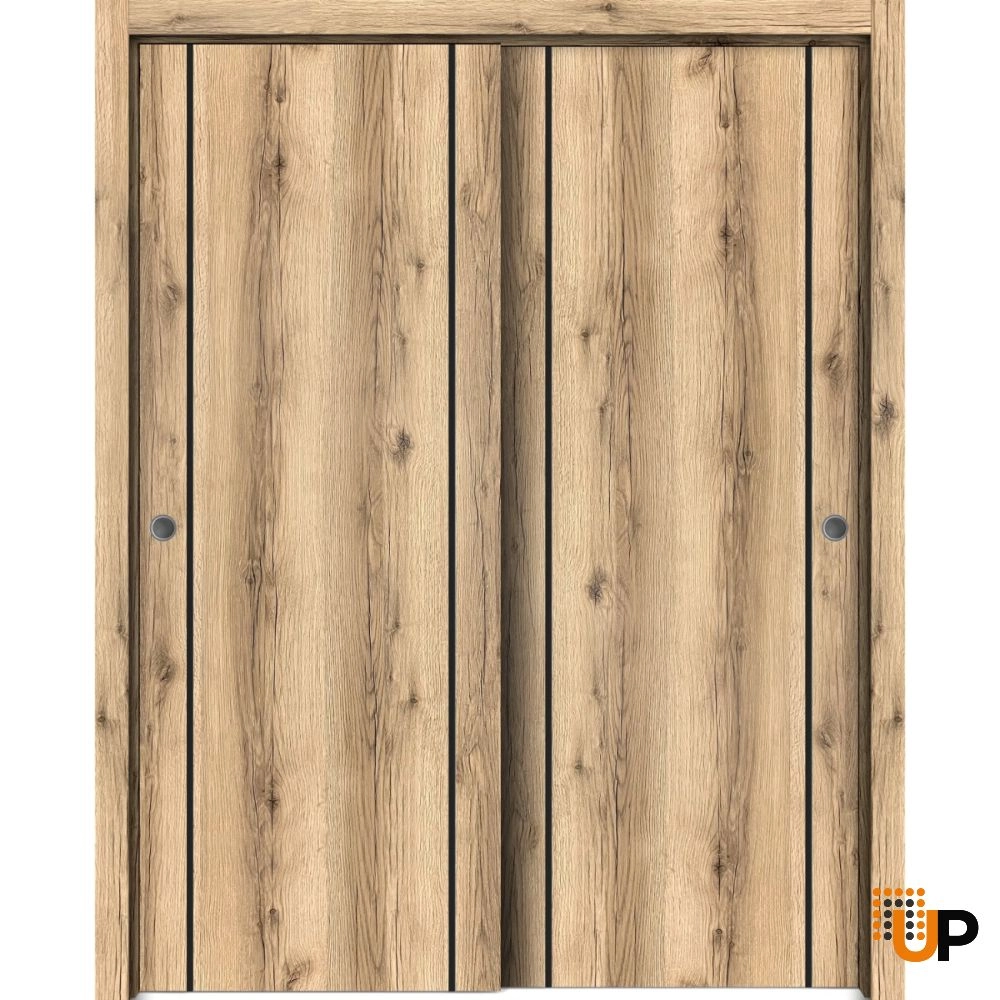 Double solid wood with honeycomb sliding modern interior closet bypass door | Planum 0017 Oak | 36 x 80 (2* 18x80) photo#1