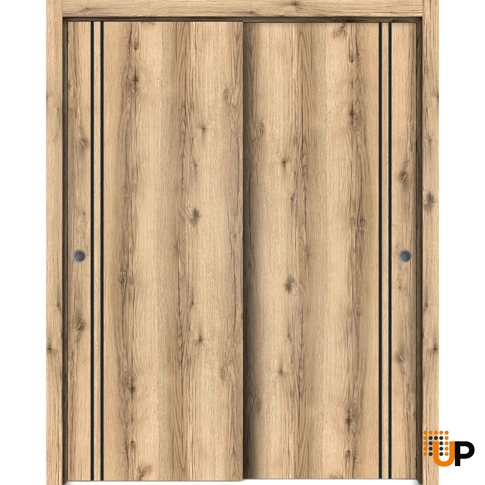 Double solid wood with honeycomb sliding modern interior closet bypass door | Planum 0016 Oak | 36 x 80 (2* 18x80) photo#1