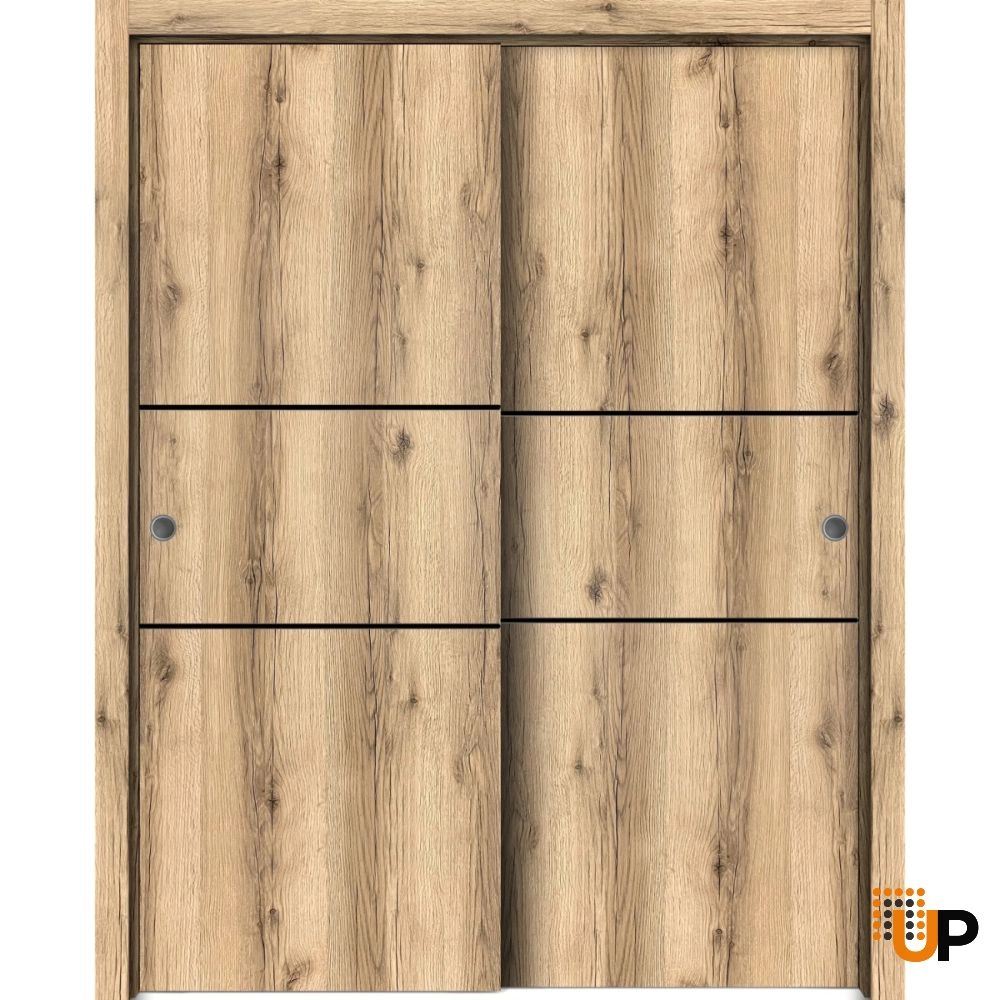 Double solid wood with honeycomb sliding modern interior closet bypass door | Planum 0014 Oak | 36 x 80 (2* 18x80) photo#1