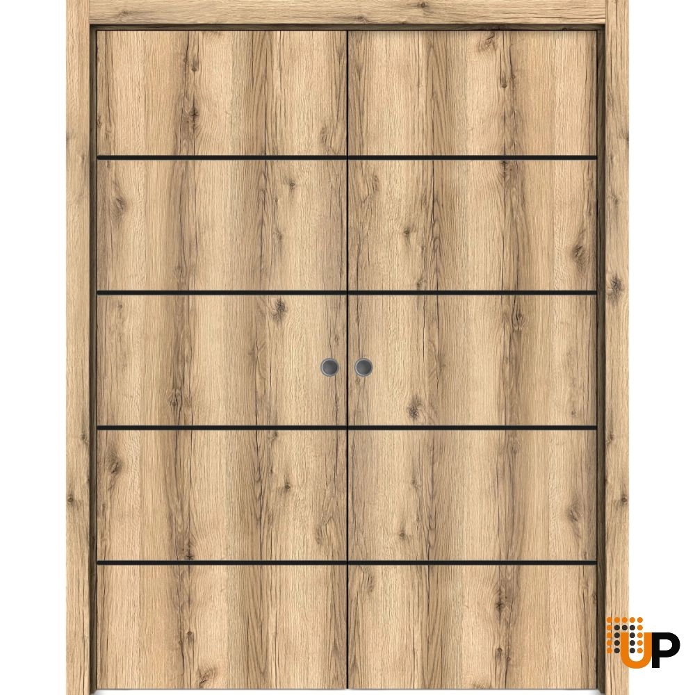 Double solid wood with honeycomb sliding modern interior pocket double door | Planum 0015 Oak | 36 x 80 (2* 18x80) photo#1