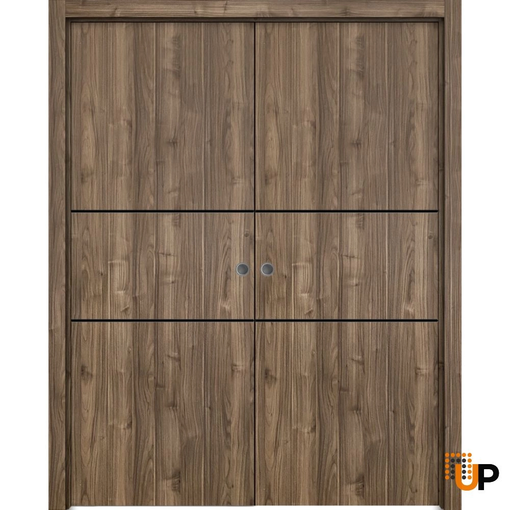 Double solid wood with honeycomb sliding modern interior pocket double door | Planum 0014 Walnut | 36 x 80 (2* 18x80) photo#1