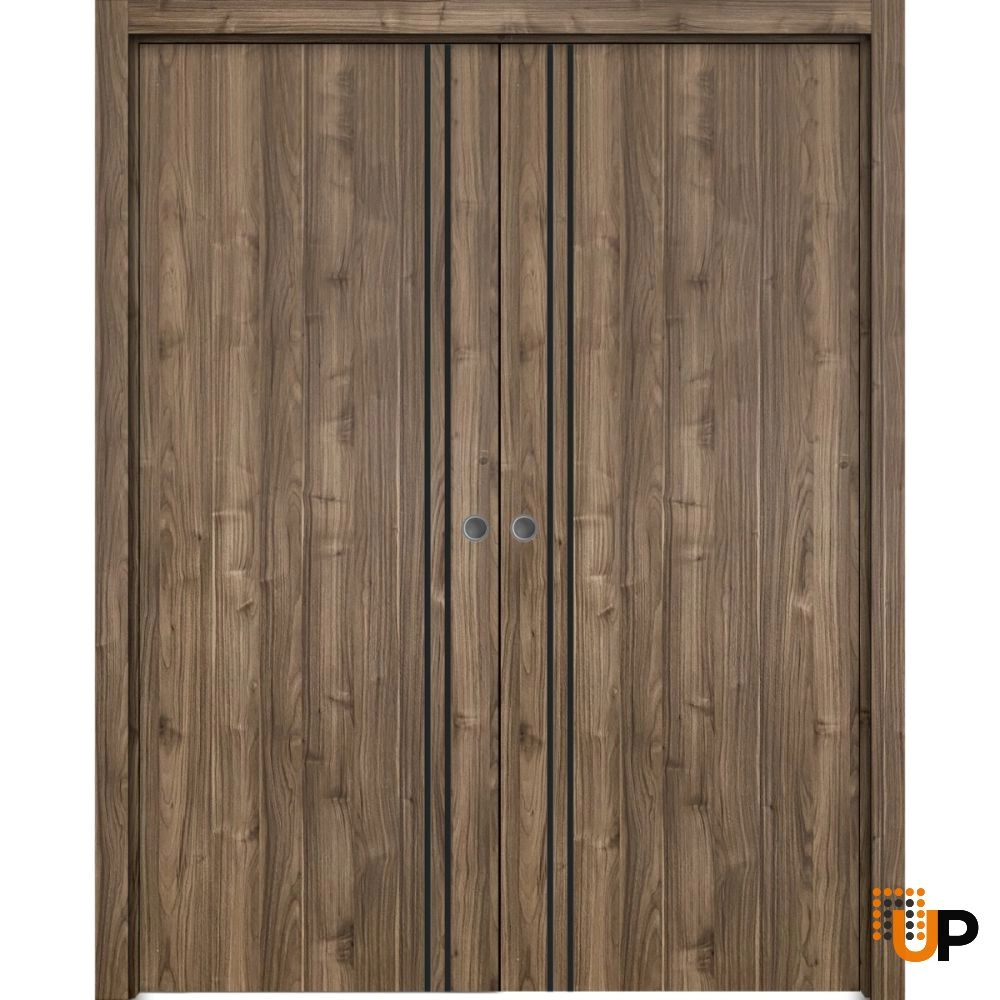 Double solid wood with honeycomb sliding modern interior pocket double door | Planum 0016 Walnut | 36 x 80 (2* 18x80) photo#1