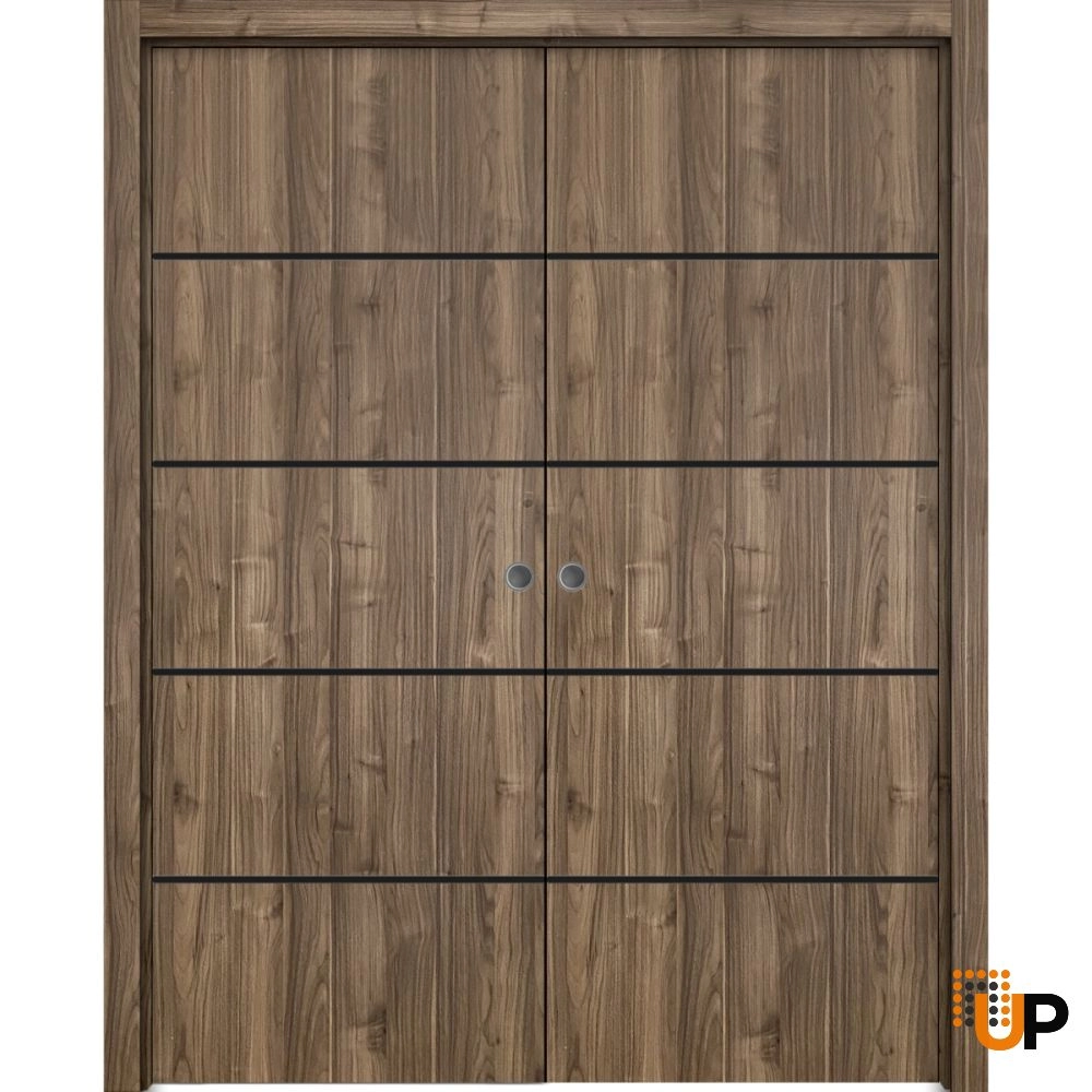 Double solid wood with honeycomb sliding modern interior pocket double door | Planum 0015 Walnut | 36 x 80 (2* 18x80) photo#1