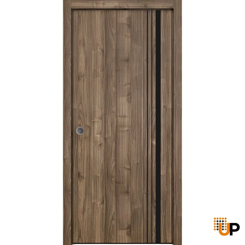 Single solid wood with honeycomb sliding modern interior pocket door | Planum 0011 Walnut | 18 x 80 photo#1