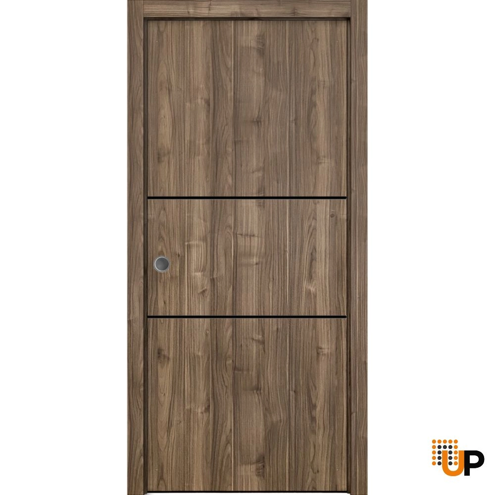 Single solid wood with honeycomb sliding modern interior pocket door | Planum 0014 Walnut | 18 x 80 photo#1