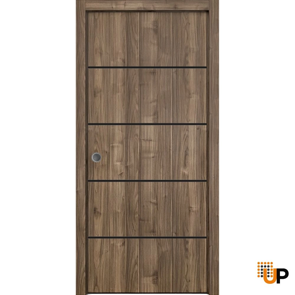 Single solid wood with honeycomb sliding modern interior pocket door | Planum 0015 Walnut | 18 x 80 photo#1