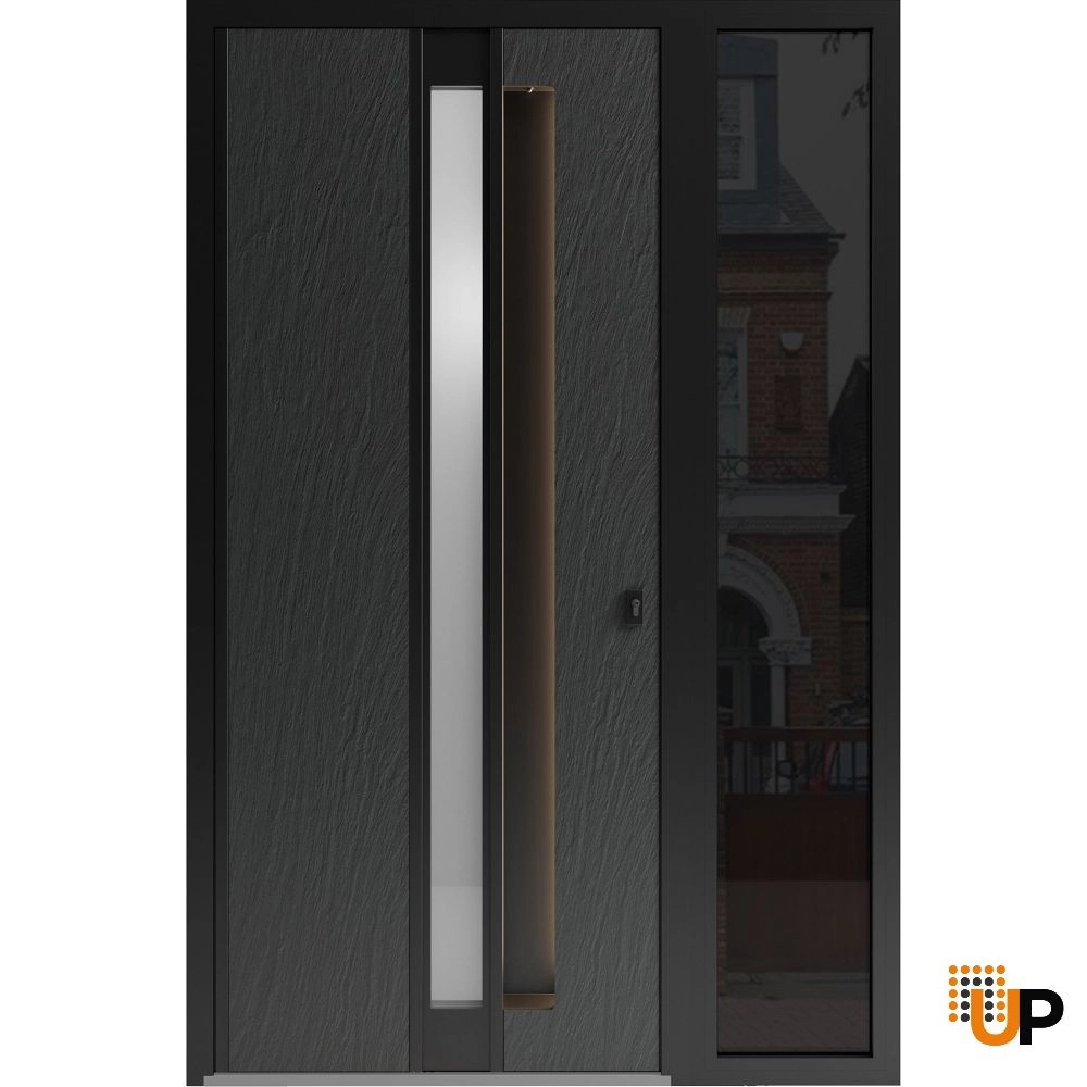 Single swing metal-aluminum modern exterior door with clear-mirrored glass | Hiddex 0155 Ardesia Nero | 52 x 80 (36+16 x 80) photo#1