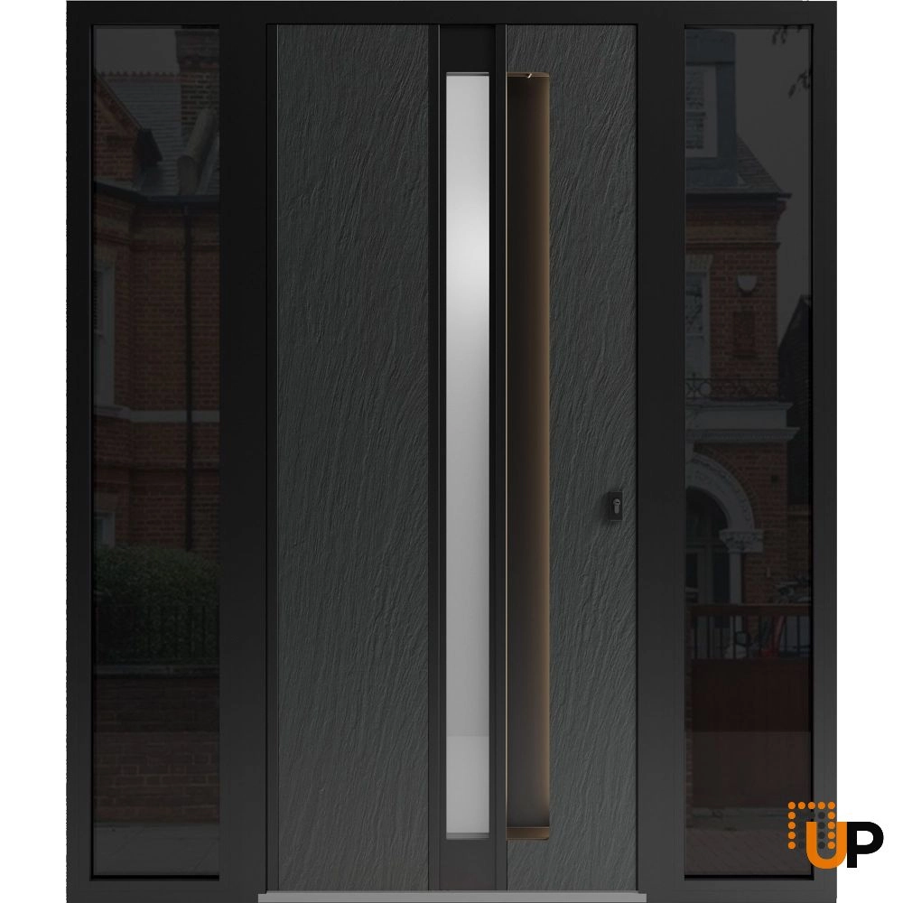 Single swing metal-aluminum modern exterior door with clear-mirrored glass | Hiddex 0155 Ardesia Nero | 60 x 96 (12+36+12 x 96) photo#1