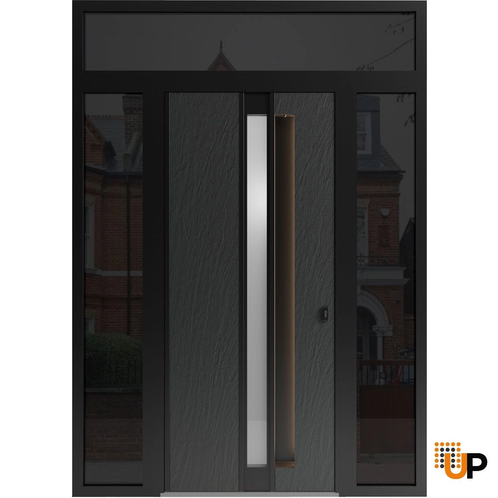 Single swing metal-aluminum modern exterior door with clear-mirrored glass | Hiddex 0155 Ardesia Nero | 60 x 108 (12+36+12 x 96+12) photo#1