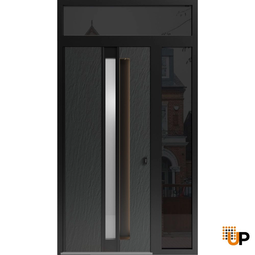 Single swing metal-aluminum modern exterior door with clear-mirrored glass | Hiddex 0155 Ardesia Nero | 52 x 108 (36+16 x 96+12) photo#1