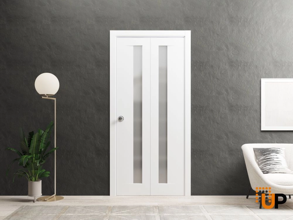 2 folding panels solid core sliding interior bi-fold door with frosted glass | Planum 0660 Painted White | 64 x 84 (2* 32x84) photo#2