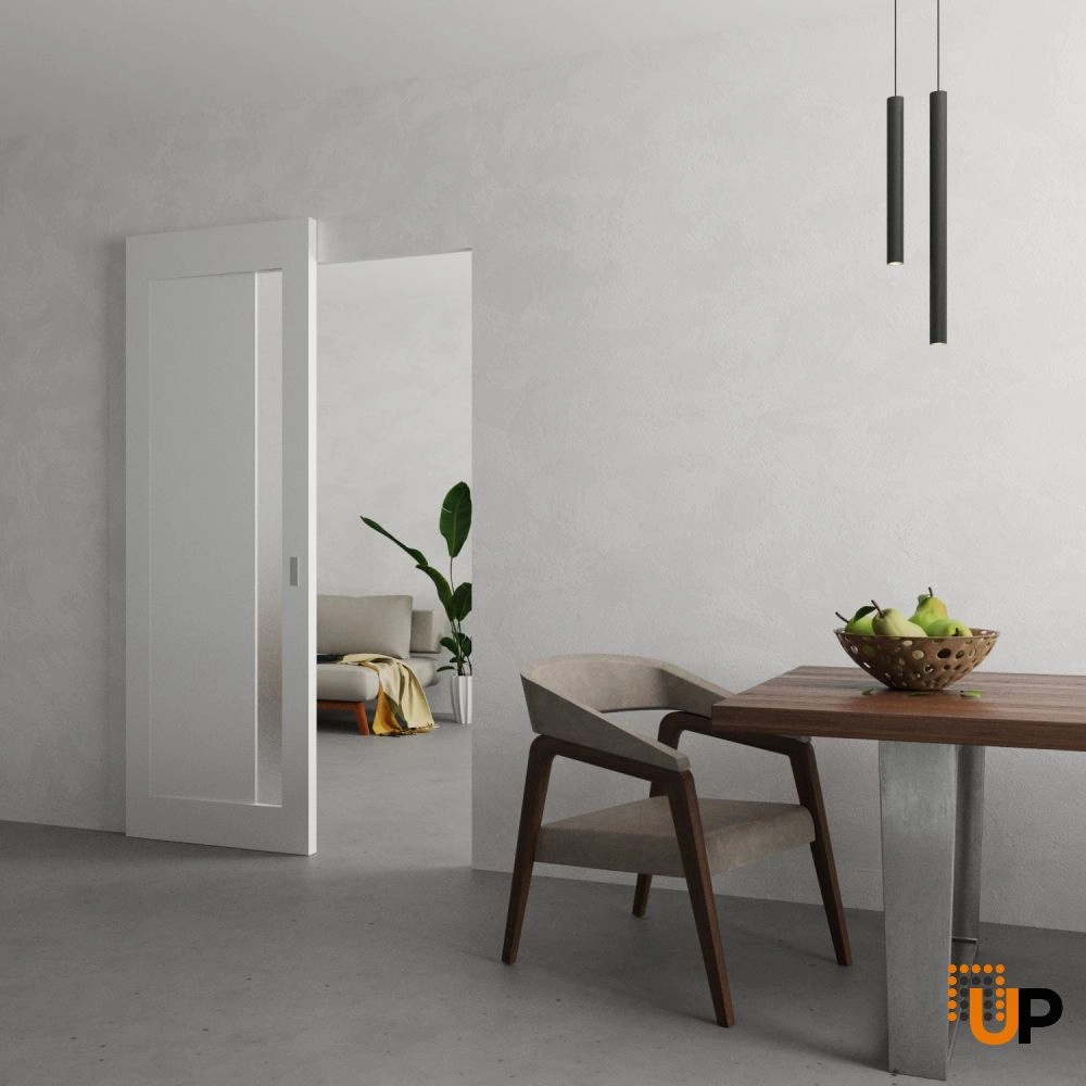 Single solid wood with honeycomb sliding modern interior hidden barn door with frosted glass | PLANUM 0660 White | 28 x 80 photo#2