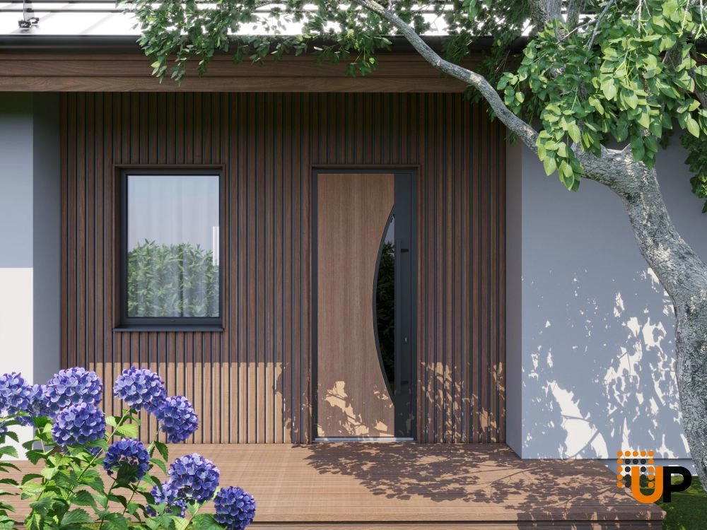 Single swing metal-aluminum modern exterior door with triplex | Ronex 1077 Teak | 36 x 112 (W36 x H96+16) photo#3