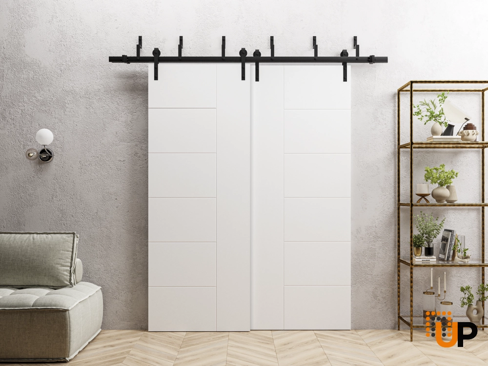 Double solid core sliding interior barn bypass door | Mela 0716 Painted White | 36 x 80 (2* 18x80) photo#2