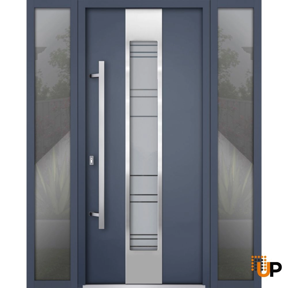 Modern steel exterior aluminum door with frosted glass | Deux 0757 Grey | 68 x 96 (16+36+16 x 96) photo#1