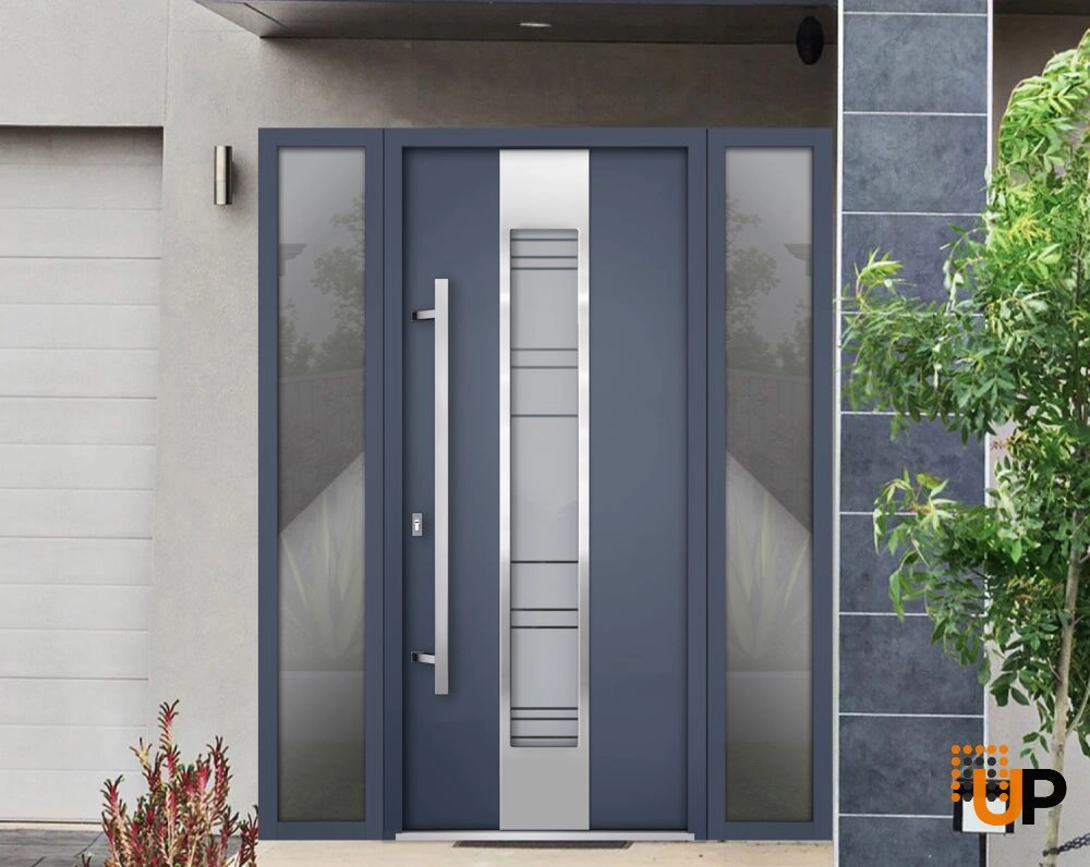 Modern steel exterior aluminum door with frosted glass | Deux 0757 Grey | 68 x 96 (16+36+16 x 96) photo#3