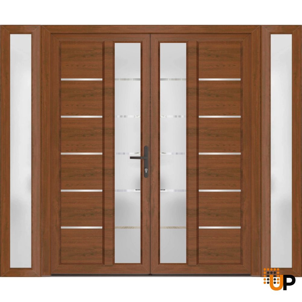 Double swing metal-plastic modern exterior door with tempered | Manux 8088 Walnut | 96 x 80 photo#1