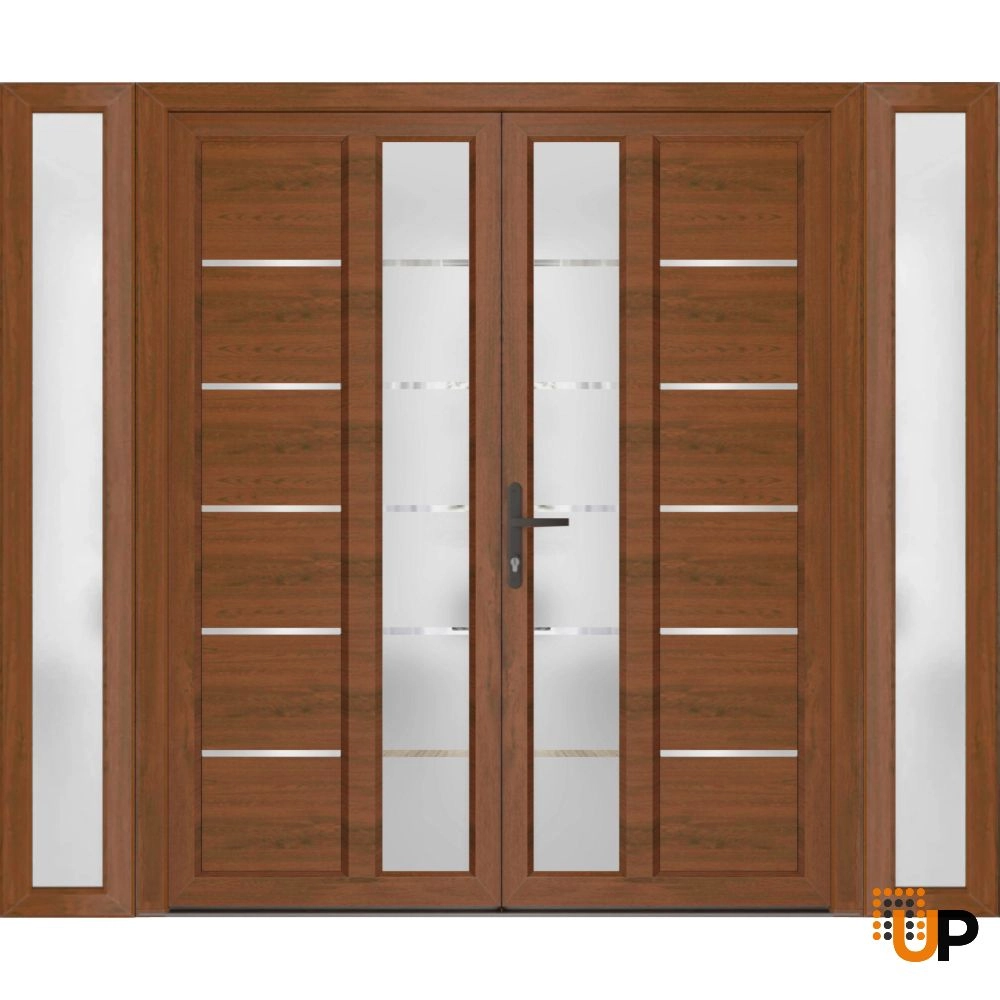 Double swing metal-plastic modern exterior door with tempered | Manux 8088 Walnut | 96 x 80 photo#1