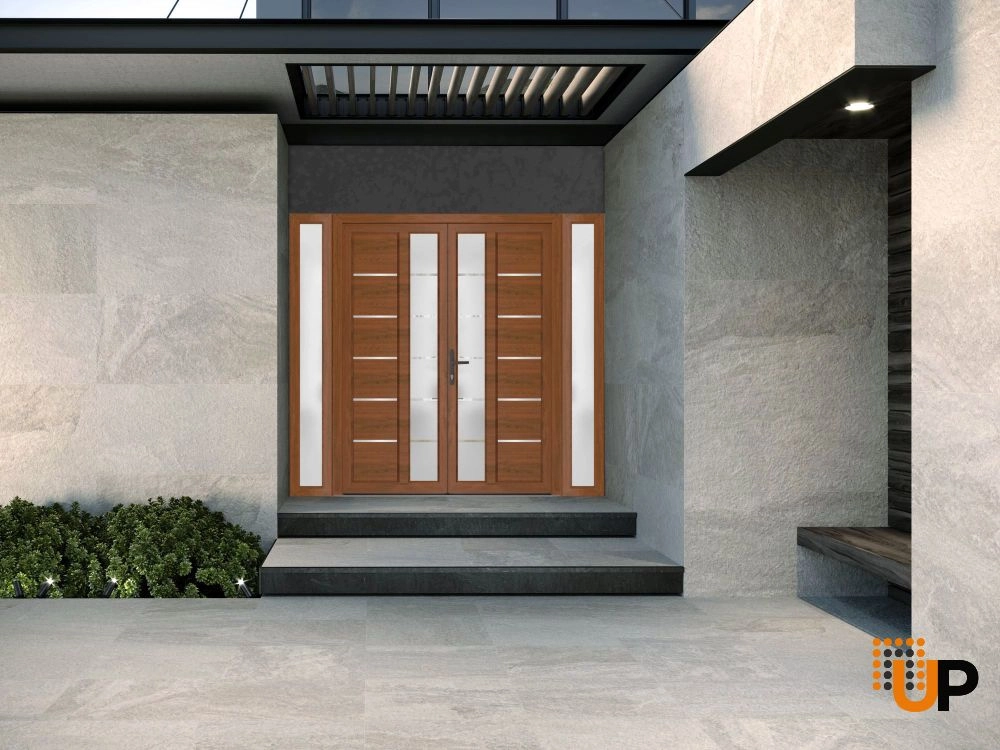 Double swing metal-plastic modern exterior door with tempered | Manux 8088 Walnut | 96 x 80 photo#4