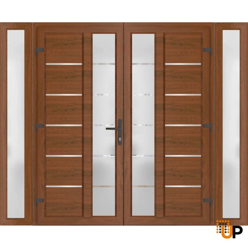 Double swing metal-plastic modern exterior door with tempered | Manux 8088 Walnut | 96 x 80 photo#2