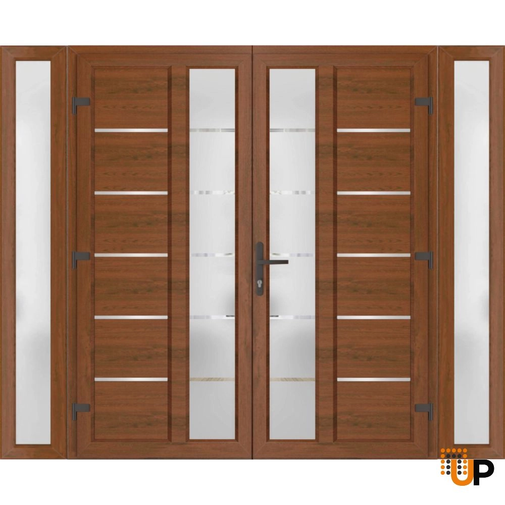 Double swing metal-plastic modern exterior door with tempered | Manux 8088 Walnut | 96 x 80 photo#2